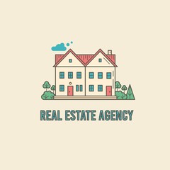 Real estate agency. Front, facade of house, building. Minimalistic logo. Colored graphic vector illustration. Cartoon style, simple flat design. Isolated icon