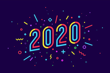 2020, Happy New Year. Greeting card with Happy New Year 2020. Geometric memphis bright style for Happy New Year 2020 or Merry Christmas. Holiday background, poster. Vector Illustration