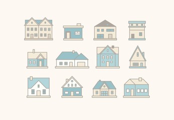Fototapeta premium Real estate. Different buildings. Minimalistic icons, logos. Colored graphic vector set. Cartoon style, simple flat design. Trendy illustration. Every icon is isolated