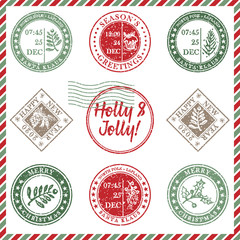 Set of vintage textured grunge christmas stamp rubber with holiday symbols in red, green and blue colors. For xmas greeting card, invitations, web banner, sale flyers retro design