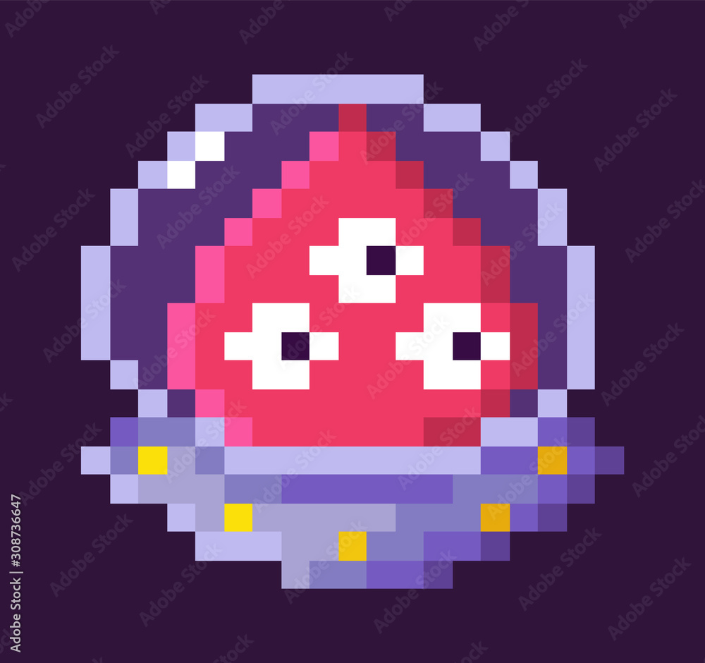 Poster pixelated character of 8 bit retro game vector, isolated alien sitting in spaceship, creature with t