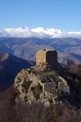 Fototapeta na wymiar Tour ou donjon de château de Cabrens sur fond de montagne enneigée canigou aux allures de chateau cathare