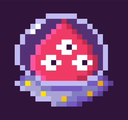 Pixelated character of 8 bit retro game vector, isolated alien sitting in spaceship, creature with three eyes, scary mutant floating in space flat style, pixel cosmic monster for mobile app games