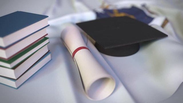 Graduation cap, books and diploma on the flag of Massachusetts. Higher education in the USA related conceptual 3D animation