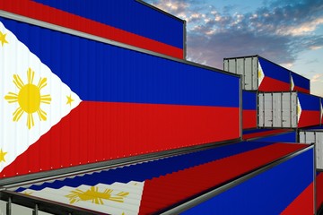 3D illustration Container terminal full of containers with flag of Philippines