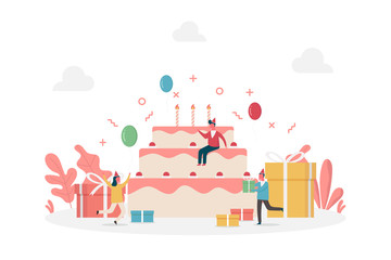 Fototapeta na wymiar concept of birthday cake celebration with happy tiny people and large presents, flat vector illustration for web, landing page, ui, banner, editorial, mobile app and flyer.