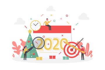 Obraz premium concept of new year two thousand twenty planner with teamwork tiny people and pine tree, flat vector illustration for web, landing page, ui, banner, editorial, mobile app and flyer.