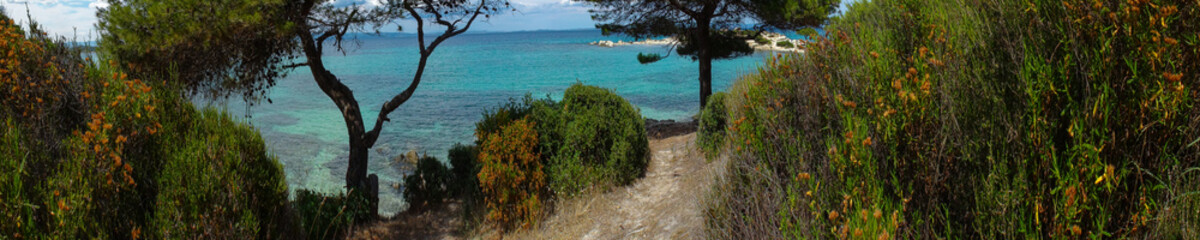 Seaside in Greece with beautiful rocks, Halkidiki, Vourvourou,panorama