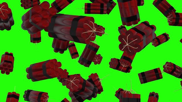  Rain of 3d red dynamite packs, TNT sticks falling on green screen background. Explosives on chroma key. Detonation Bomb concept. Close up view. 4k animation