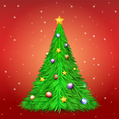 Christmas tree with decoration ball and star on red background with snow