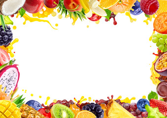 Assorted fresh fruits healthy berries frame, essential multi vitamins complex isolated. Variety of fruits, berries, tropical fruits assortment creative border collage, vitamin juices layout design mix