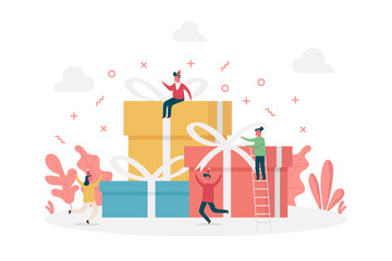 concept of new year or birthday gifts celebration with happy tiny people and large presents, flat vector illustration for web, landing page, ui, banner, editorial, mobile app and flyer.