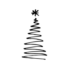 Single hand drawn christmas tree for greeting cards, posters, comics design. Isolated on white background. Doodle vector illustration.