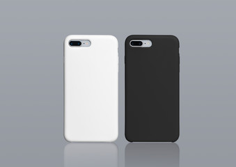 Black and white iPhone 8 plus cases mock up, isolated on gray background. Two smart phones in black and white plastic covers back view. Horizontal template of phone case