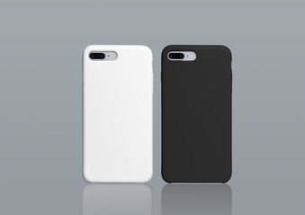 Black and white iPhone 8 plus cases mock up, isolated on gray background. Two smart phones in black...