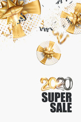 Flyer A4 Happy New Year 2020 on a white background, super sale. Black-gold design. Brochure design template, card, banner. 3D illustration, 3D Render