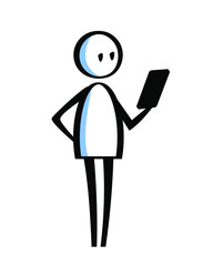 Flipchart style drawing of man holding smartphone - line art illustration for presentations