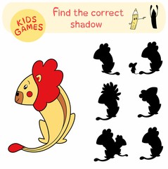 Educational children game - find the correct shadow, preschool activity. Isolated vector cute lion.