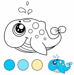 Coloring for children. Preschool activity, educational game: draw as an example. Cute little blue whale.