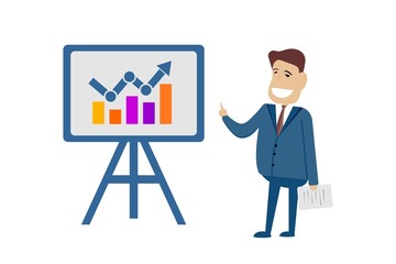 A man stands in front of a display, fingering a chart of economic growth.