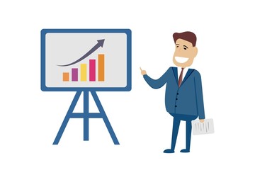 A man stands in front of a display, fingering a chart of economic growth.