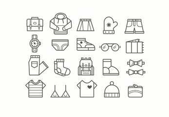 Various clothes, shoes, glasses, bags, lifestyle stuff. Minimalistic icons, logos. Black and white graphic vector set. Cartoon style, simple flat design. Trendy illustration. Every icon is isolated