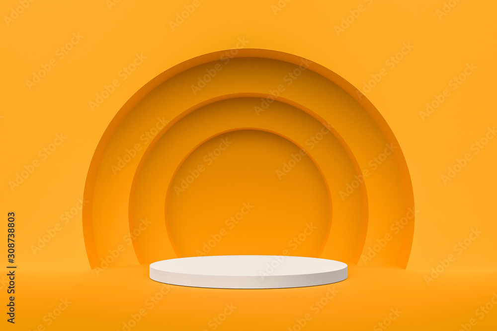 Poster Abstract Pedestal of platform display with modern stand podium on yellow room background. Blank Exhibition stage backdrop or empty product shelf. 3D rendering.