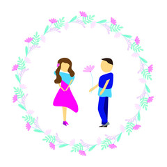 People in love in floral round frame. Young man gives a young woman a flower as Valentine's Day or Birthday gift. Isolated vector illustration on a white background in flat style. 