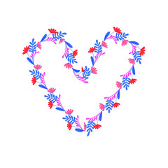 Heart-shaped frame made of blue and pink flowers. Isolated stock vector on white background, For wrapping paper, scrap booking and printed matter, copy space, invitation, greeting cards, posters.