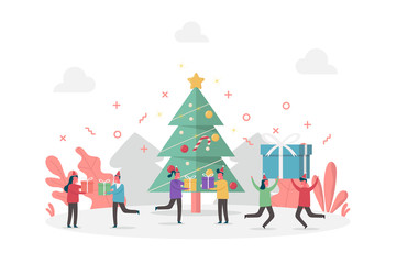 concept of new year celebration and Merry Christmas with large gifts, pine tree and tiny people, flat vector illustration for web, landing page, ui, banner, editorial, mobile app and flyer.