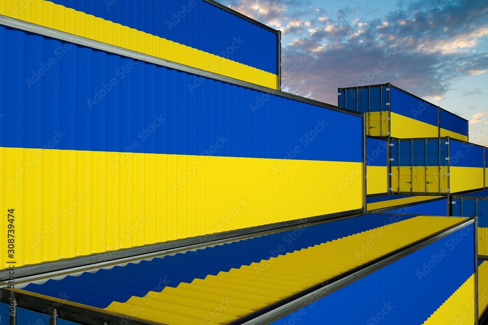 Wall mural 3d illustration container terminal full of containers with flag of ukraine