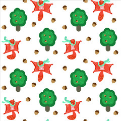 Flying squirrel, oak trees, acorns seamless pattern on white background. Line art vector illustration. For wrapping paper, scrap booking and printed matter, wallpaper, greeting cards, textile, fabric.