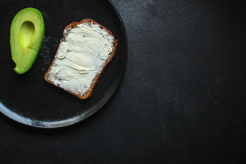 avocado sandwich, healthy food (bread, toasts, ration diet, fried eggs) menu concept. food background. top view. copy space