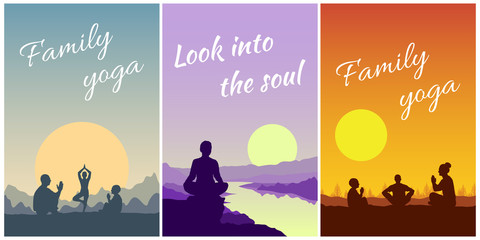 Family yoga and meditation outdoors. Silhouettes of people on background of mountains, river and forest. Dad, mom and child sitting in lotus position on sunset landscape. Set of vector postcards.