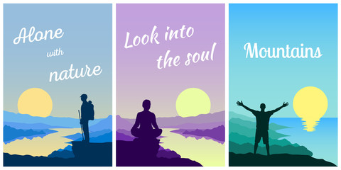 The concept of unity with nature and traveling alone. Silhouettes of a meditating woman, man standing with open arms, climber with backpack on mountain, sun, river and sea. Set of vector postcards.