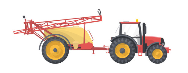 Tractor set. vector flat illustarion. Agriculture machine with sprayer - obrazy, fototapety, plakaty