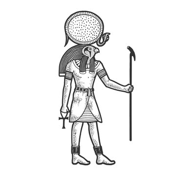 Ra Ancient Egyptian deity god of sun sketch engraving vector illustration. T-shirt apparel print design. Scratch board imitation. Black and white hand drawn image.