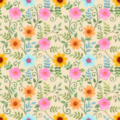 Seamless pattern with colorful flowers on yellow background.