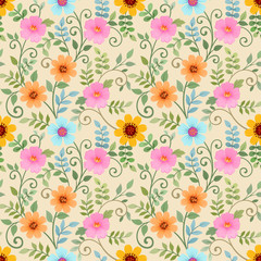 Seamless pattern with colorful flowers on yellow background.