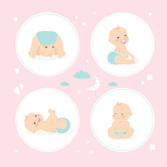 Set of cute infant babies. Cartoon newborn baby in various poses.