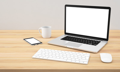 Fototapeta premium Blank Computer, laptop, Smartphone, keyboard, mouse on wood table background, workspace, Mock up, illustration 3D rendering