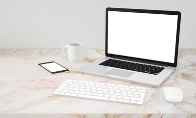 Blank Computer, laptop, Smartphone, keyboard, mouse on marble table background, workspace, Mock up, illustration 3D rendering