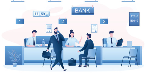 Modern bank office interior. Bank managers and customers characters. People clients in bank office room.