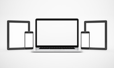Computer, laptop, tablet, smartphone, display. on white background workspace mock up design illustration 3D rendering
