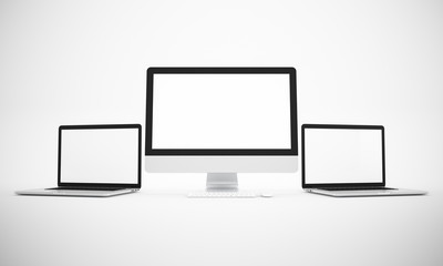 Blank Computer, laptop, keyboard, mouse on white background, Mock up, illustration 3D rendering