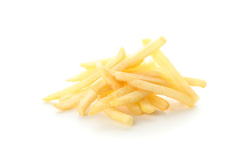 Stack of tasty french fries isolated on white background