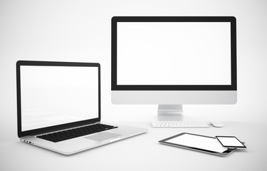 Blank Computer, laptop, tablet, smartphone,  keyboard, mouse on white background, Mock up, illustration 3D rendering