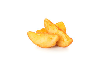 Slices of baked potato wedges isolated on white background, closeup