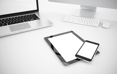 Blank Smartphone, tablet, computer, laptop, tablet, keyboard, mouse on white background, Mock up, illustration 3D rendering