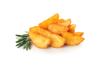 Slices of baked potato wedges isolated on white background, closeup